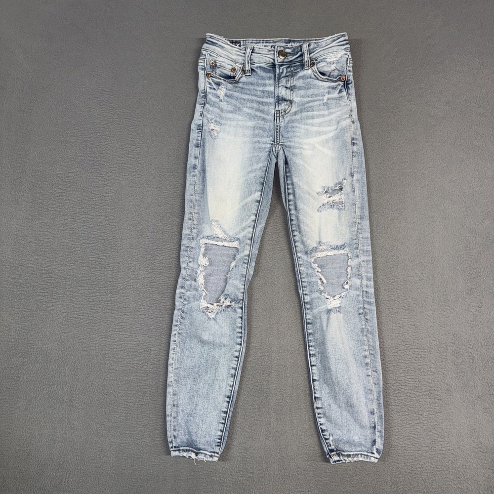 American Eagle Jeans Womens 0 Short Blue Super Hi-Rise Jegging Distressed Denim